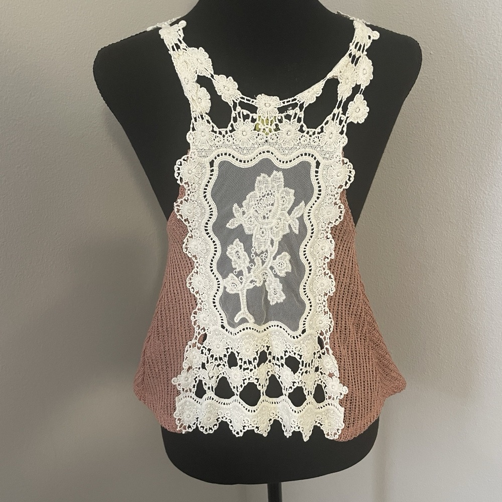 FRANANN WITH AN ATTITUDE Sz M‎ Open Knit Sheer Lace/Crochet Back Top Boho